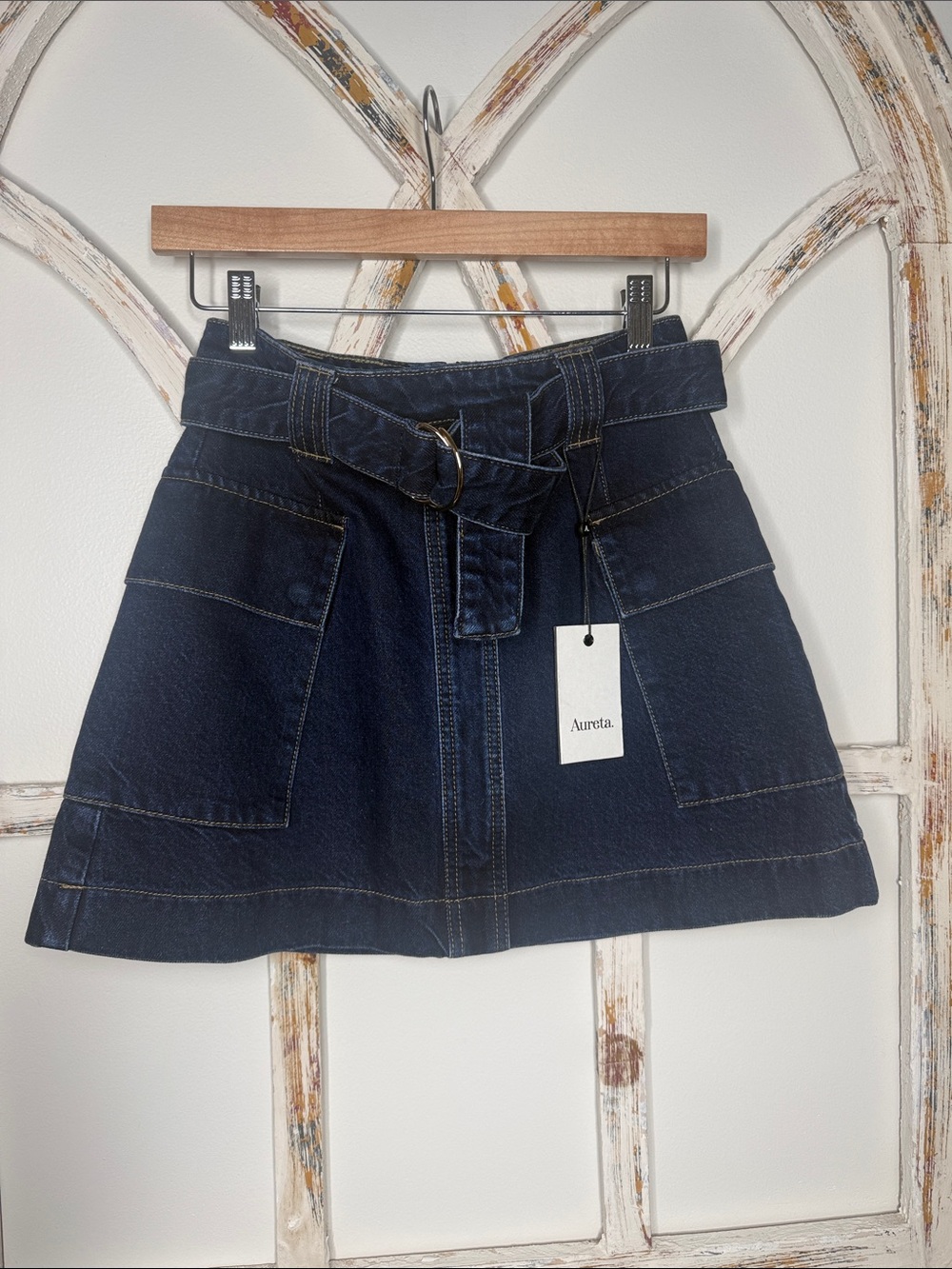 NWT Aureta Dark Blue Denim Belted A-Line Skirt- Sz 8
